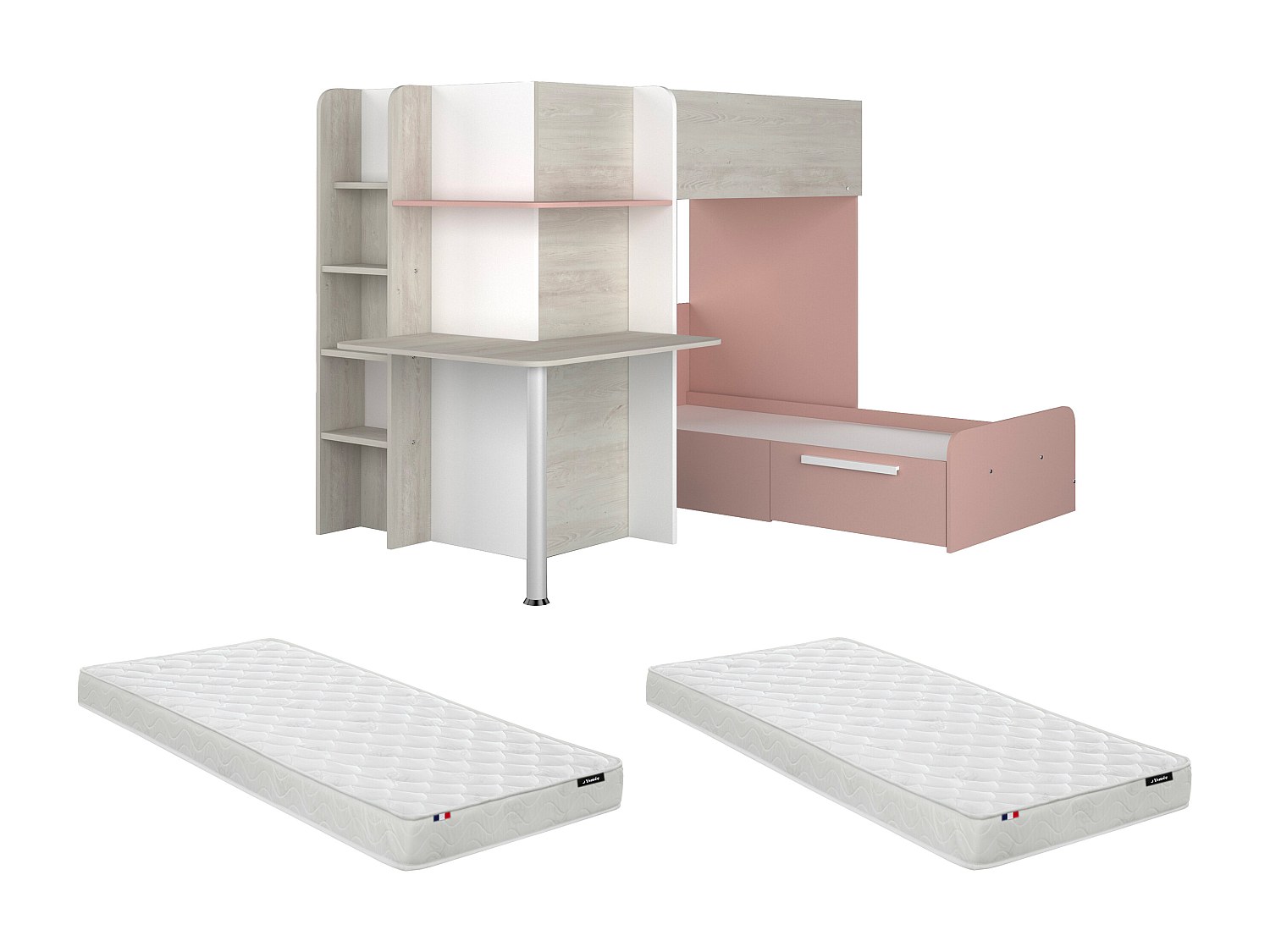 Eck-Hochbett - 2 x 90 x 190 cm - Mit Schreibtisch - Grau, weiß & rosa + Mat günstig online kaufen