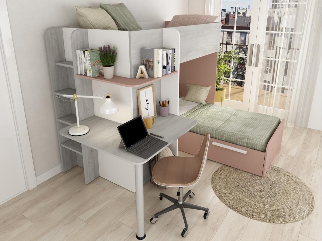 Lits superposés d'angle 2 x 90 x 190 cm - Avec bureau - Gris, blanc et rose + Matelas - SAMUEL