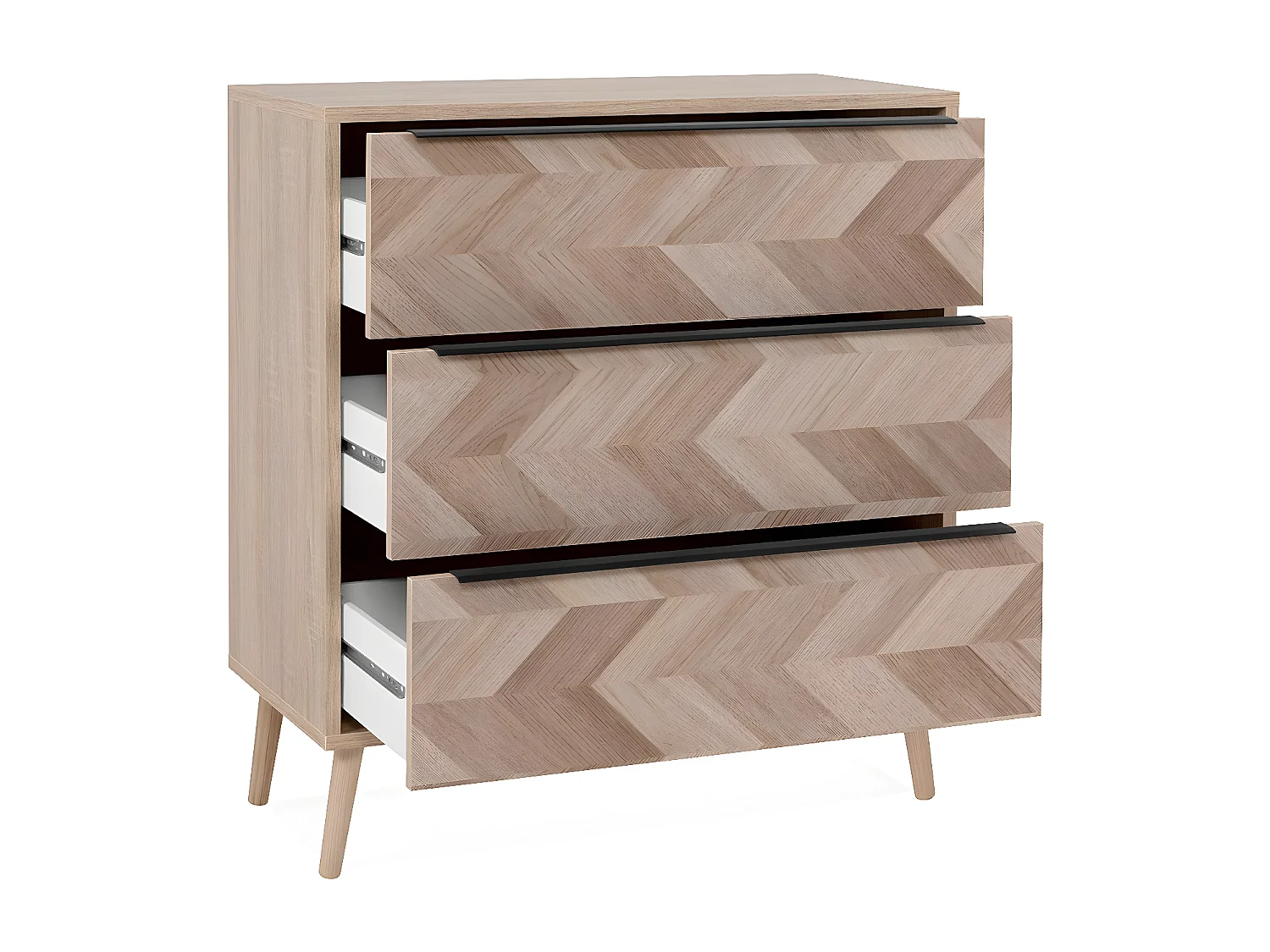 Commode 3 tiroirs décor chêne sonoma et effet chevron L80 cm - TORUN