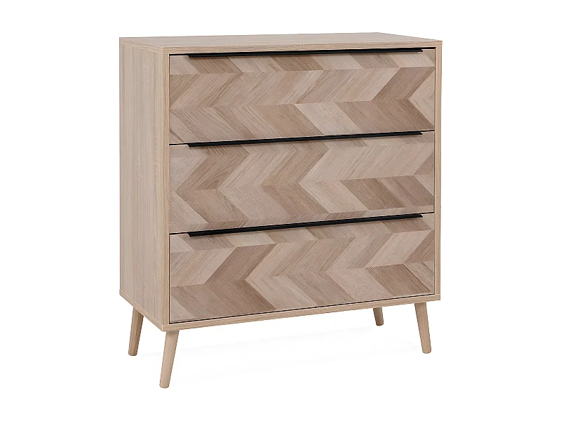 Commode 3 tiroirs décor chêne sonoma et effet chevron L80 cm - TORUN