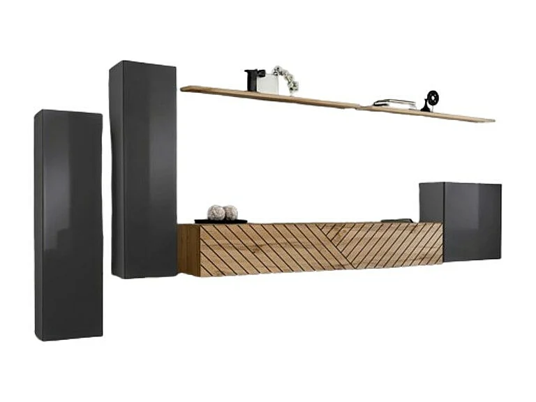 Ensemble meuble salon SWITCH I – Gris et Chêne Wotan – Finitions effet chêne fraisé – Design moderne