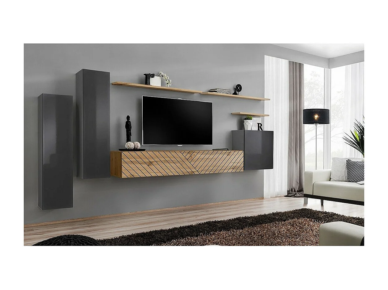Ensemble meuble salon SWITCH I – Gris et Chêne Wotan – Finitions effet chêne fraisé – Design moderne
