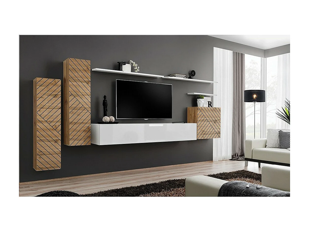 Conjunto de móveis para sala SWITCH I design, cor carvalho wotan e branco. Acabamentos com efeito de carvalho fresado.
