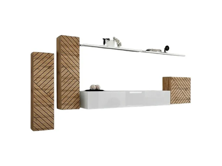 Ensemble meuble salon SWITCH I design, coloris chêne wotan et blanc. Finitions effet chêne fraisé.