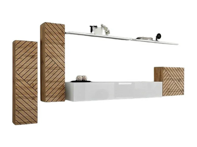 Woonkamermeubelset SWITCH I design, in wotan eiken en witte kleur. Afwerkingen met gefreesd eikeneffect.