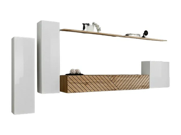 Conjunto de móveis para sala SWITCH I design, cor branca e carvalho Wotan. Acabamentos com efeito de carvalho fresado.