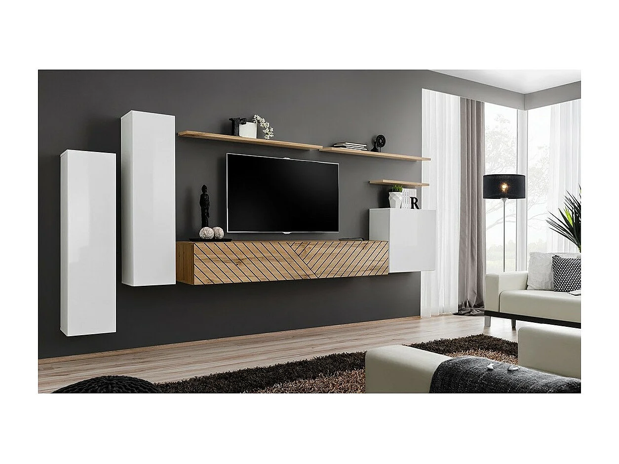 Woonkamer meubelset SWITCH I - Wit en Wotan Eik - Afwerkingen met gefreesd eikeffect - Modern ontwerp