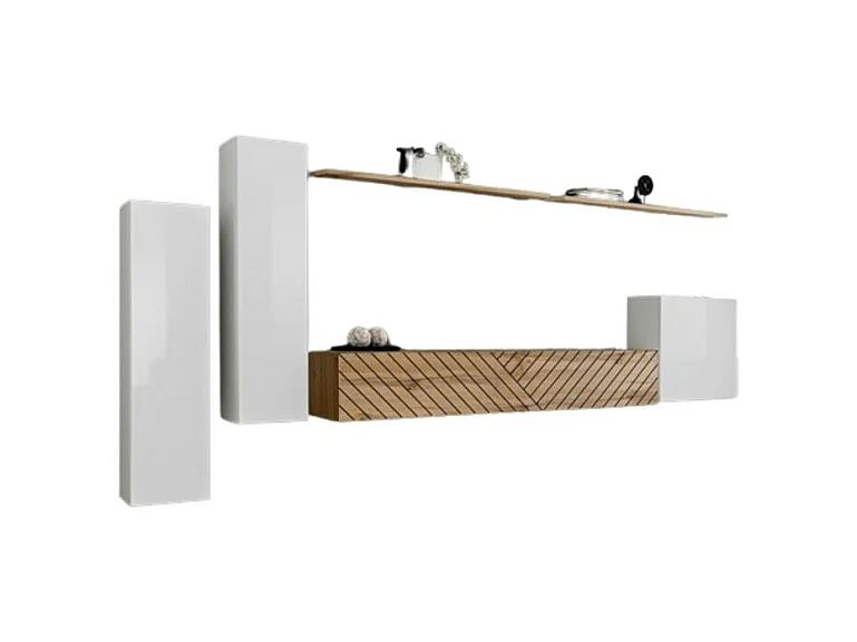 Woonkamer meubelset SWITCH I - Wit en Wotan Eik - Afwerkingen met gefreesd eikeffect - Modern ontwerp