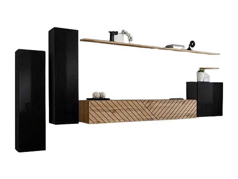 Conjunto de móveis para sala SWITCH I design, cor preta e carvalho wotan. Acabamentos com efeito de carvalho fresado.