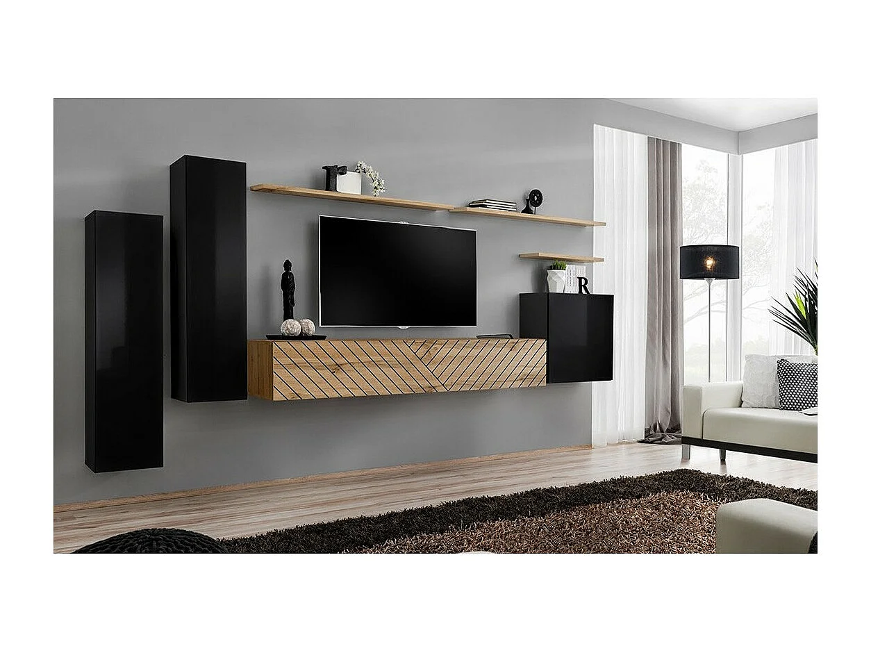 Ensemble meuble salon SWITCH I – Noir et Chêne Wotan – Finitions effet chêne fraisé – Design moderne
