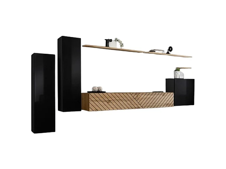 Ensemble meuble salon SWITCH I – Noir et Chêne Wotan – Finitions effet chêne fraisé – Design moderne