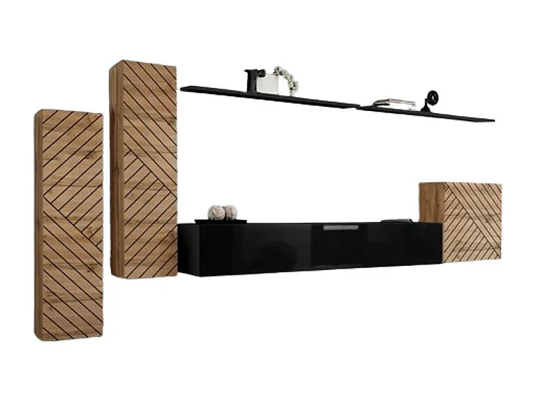 Ensemble meuble salon SWITCH I design, coloris chêne wotan et noir. Finitions façades effet chêne fraisé.