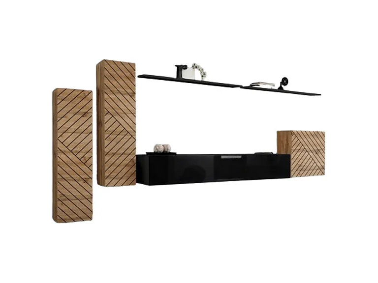 Ensemble meuble salon SWITCH I design, coloris chêne wotan et noir. Finitions façades effet chêne fraisé.