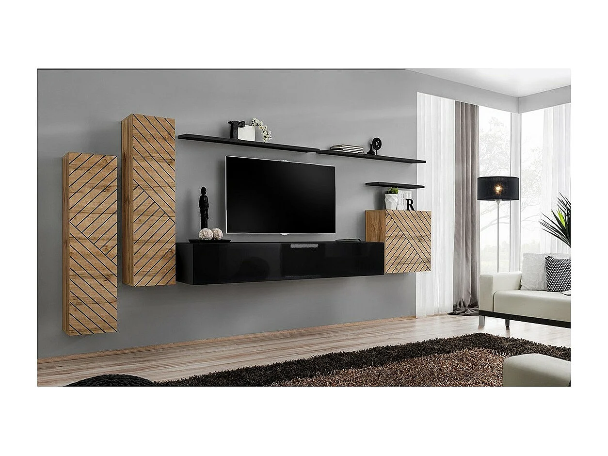 Ensemble meuble salon SWITCH I design, coloris chêne wotan et noir. Finitions façades effet chêne fraisé.