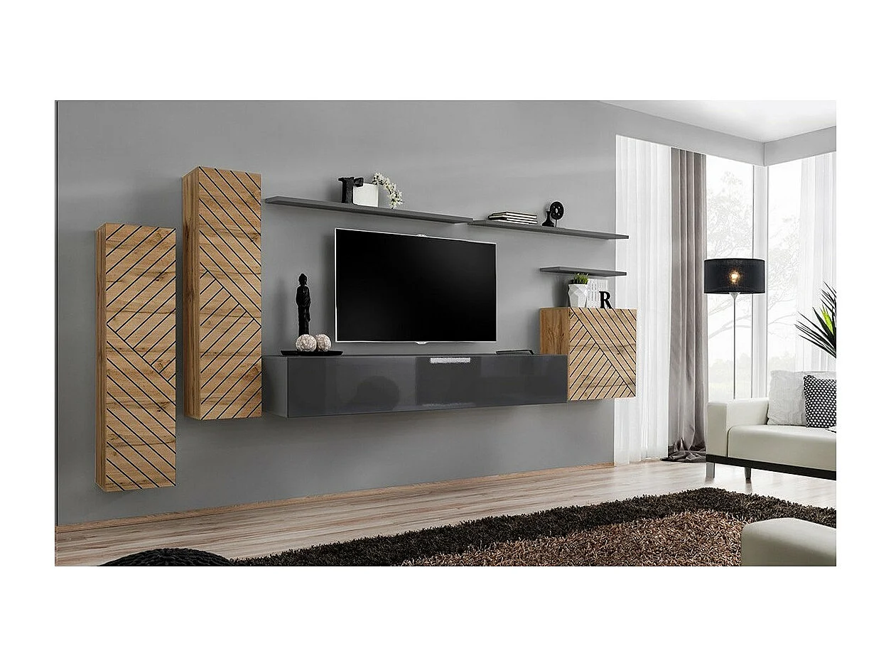 Woonkamer meubelset SWITCH I design, kleur wotan eiken en grijs. Afwerkingen van fronten met gefreesd eikeneffect.