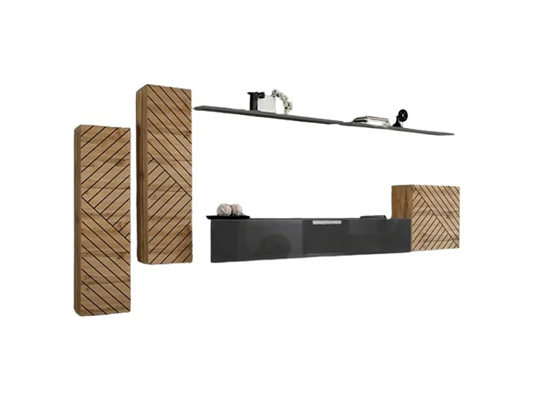 Ensemble meuble salon SWITCH I design, coloris chêne wotan et gris. Finitions façades effet chêne fraisé.
