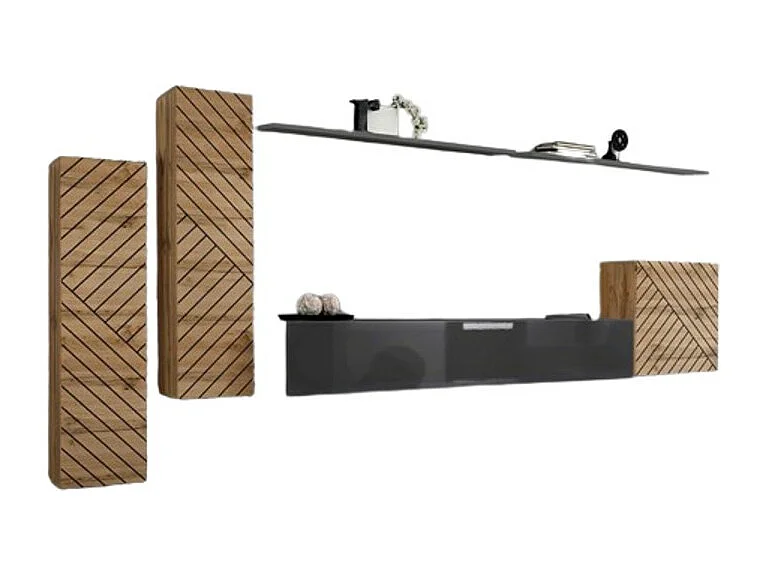 Ensemble meuble salon SWITCH I design, coloris chêne wotan et gris. Finitions façades effet chêne fraisé.