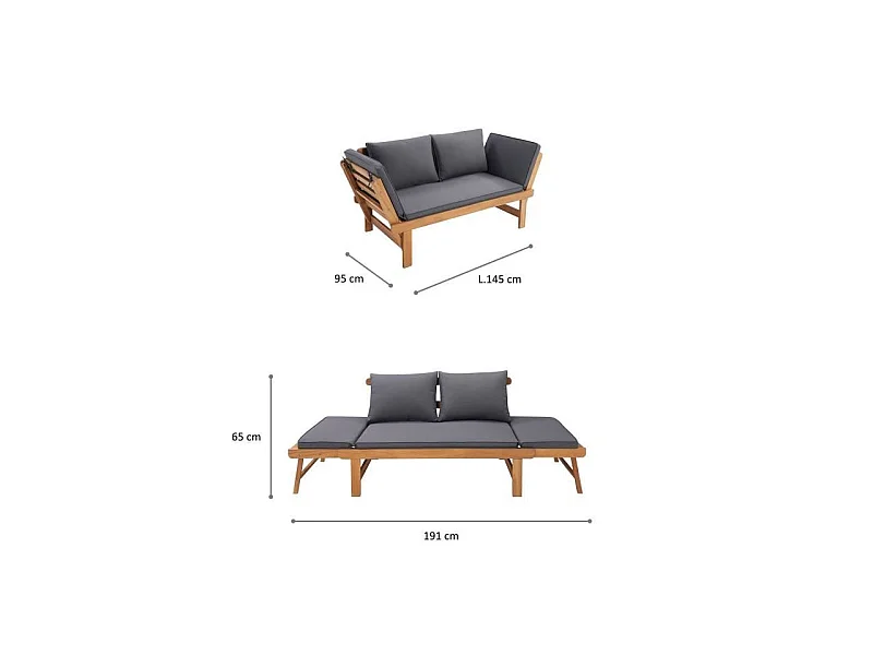 Banquette de jardin convertible en acacia FSC - 2 places - Avec coussins - KAYDA - Gris foncé