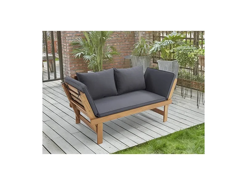 Banquette de jardin convertible en acacia FSC - 2 places - Avec coussins - KAYDA - Gris foncé