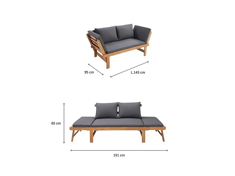 Banquette de jardin convertible en acacia FSC - 2 places - Avec coussins - KAYDA - Gris foncé