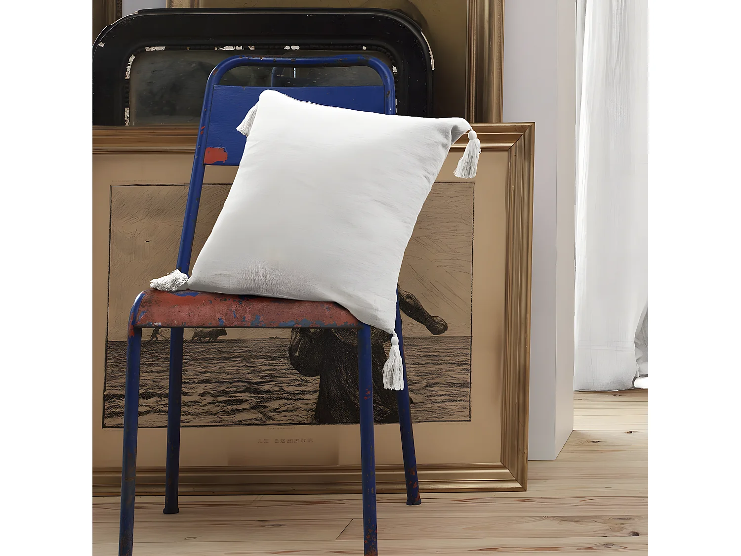 OUREA - Coussin Déhoussable 40x40cm avec Pompons Gaze de Coton Chantilly