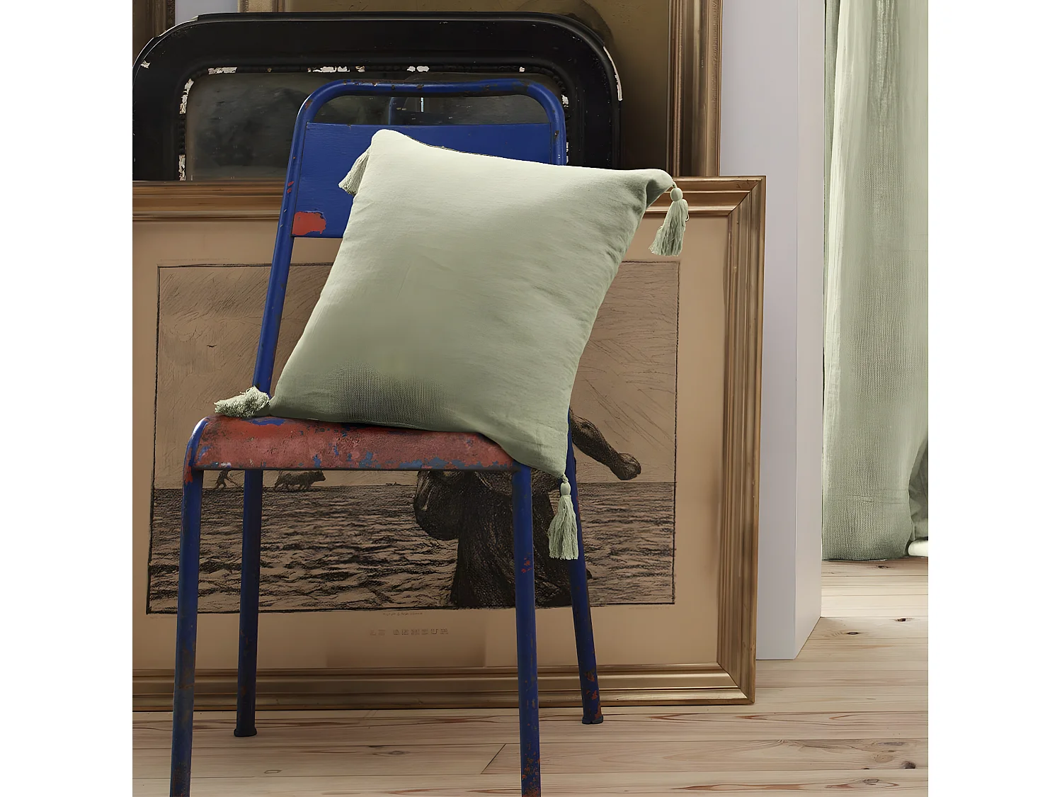 OUREA - Coussin Déhoussable 40x40cm avec Pompons Gaze de Coton Vert d'Eau