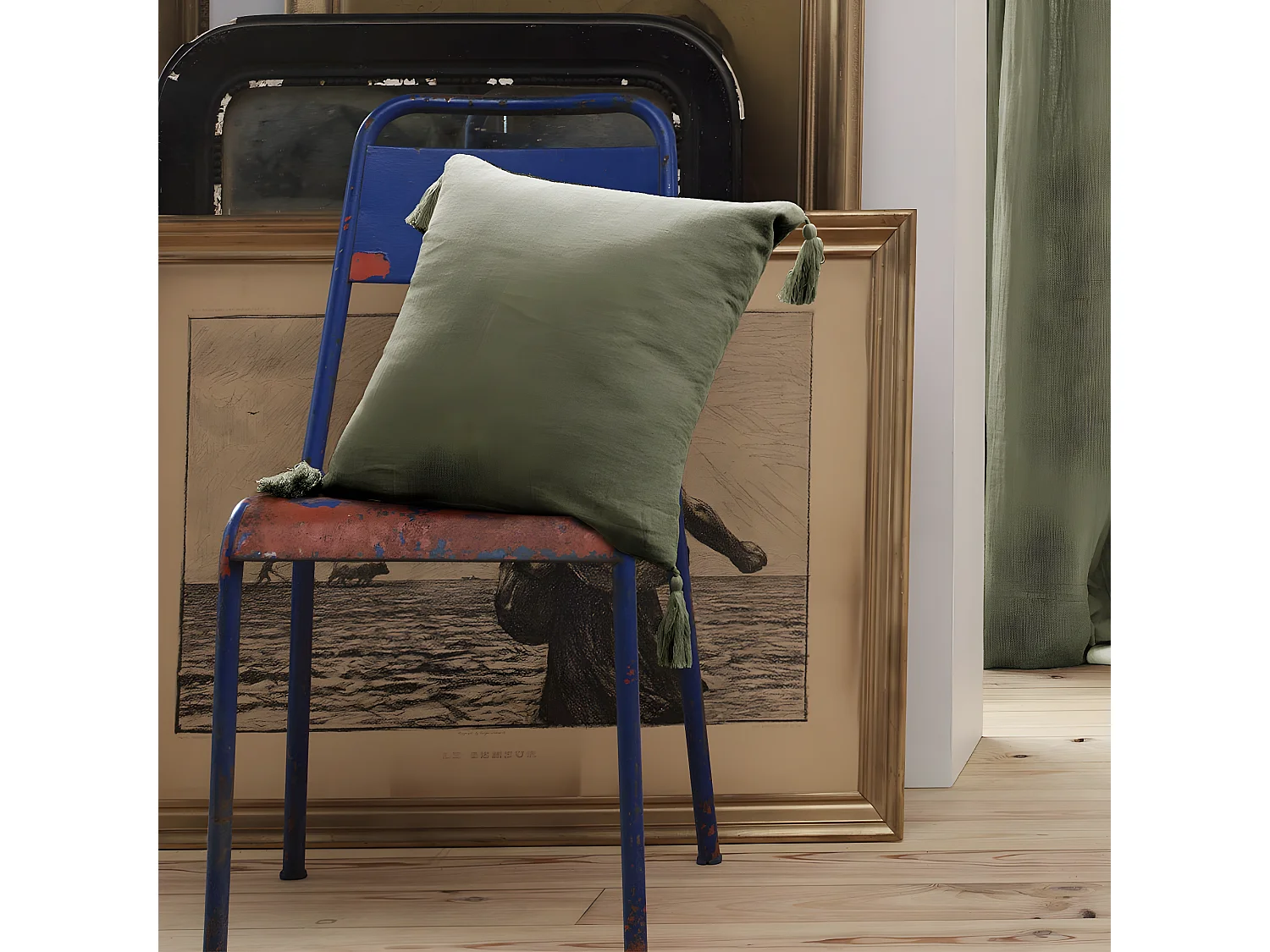 OUREA - Coussin Déhoussable 40x40cm avec Pompons Gaze de Coton Romarin