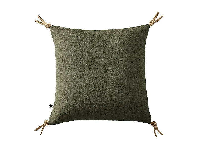 MARGAUX - Coussin Déhoussable 45x45cm avec Pompons Lin Lavé Coloris Thym