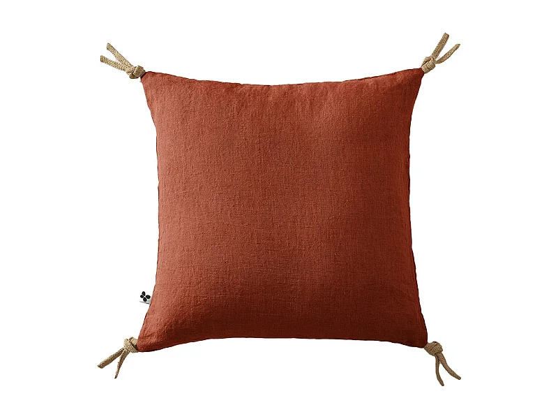 MARGAUX - Coussin Déhoussable 45x45cm avec Pompons Lin Lavé Coloris Paprika