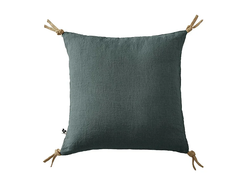 MARGAUX - Coussin Déhoussable 45x45cm avec Pompons Lin Lavé Coloris Ardoise
