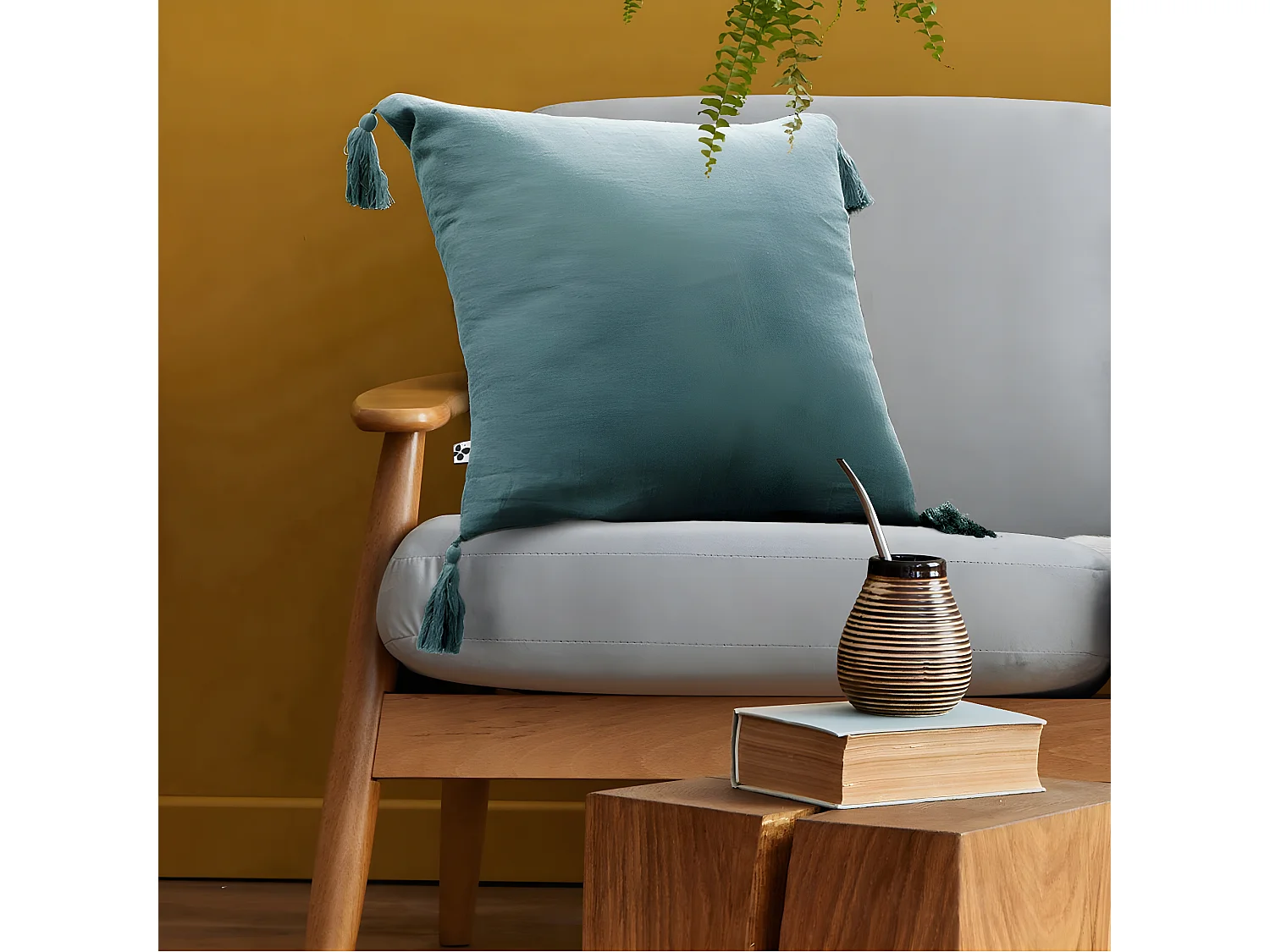 OUREA - Coussin Déhoussable 40x40cm avec Pompons Gaze de Coton Canard