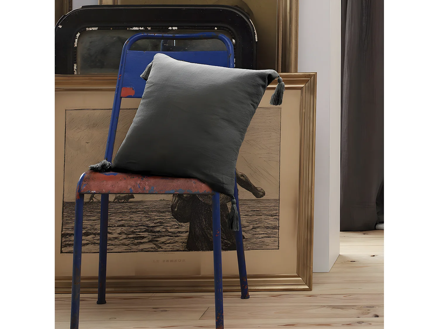 OUREA - Coussin Déhoussable 40x40cm avec Pompons Gaze de Coton Granit