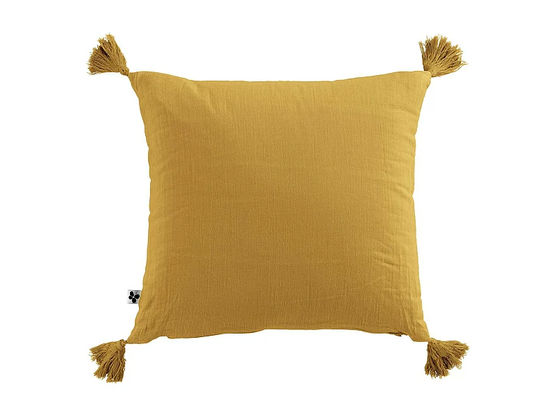 OUREA - Coussin Déhoussable 40x40cm avec Pompons Gaze de Coton Safran