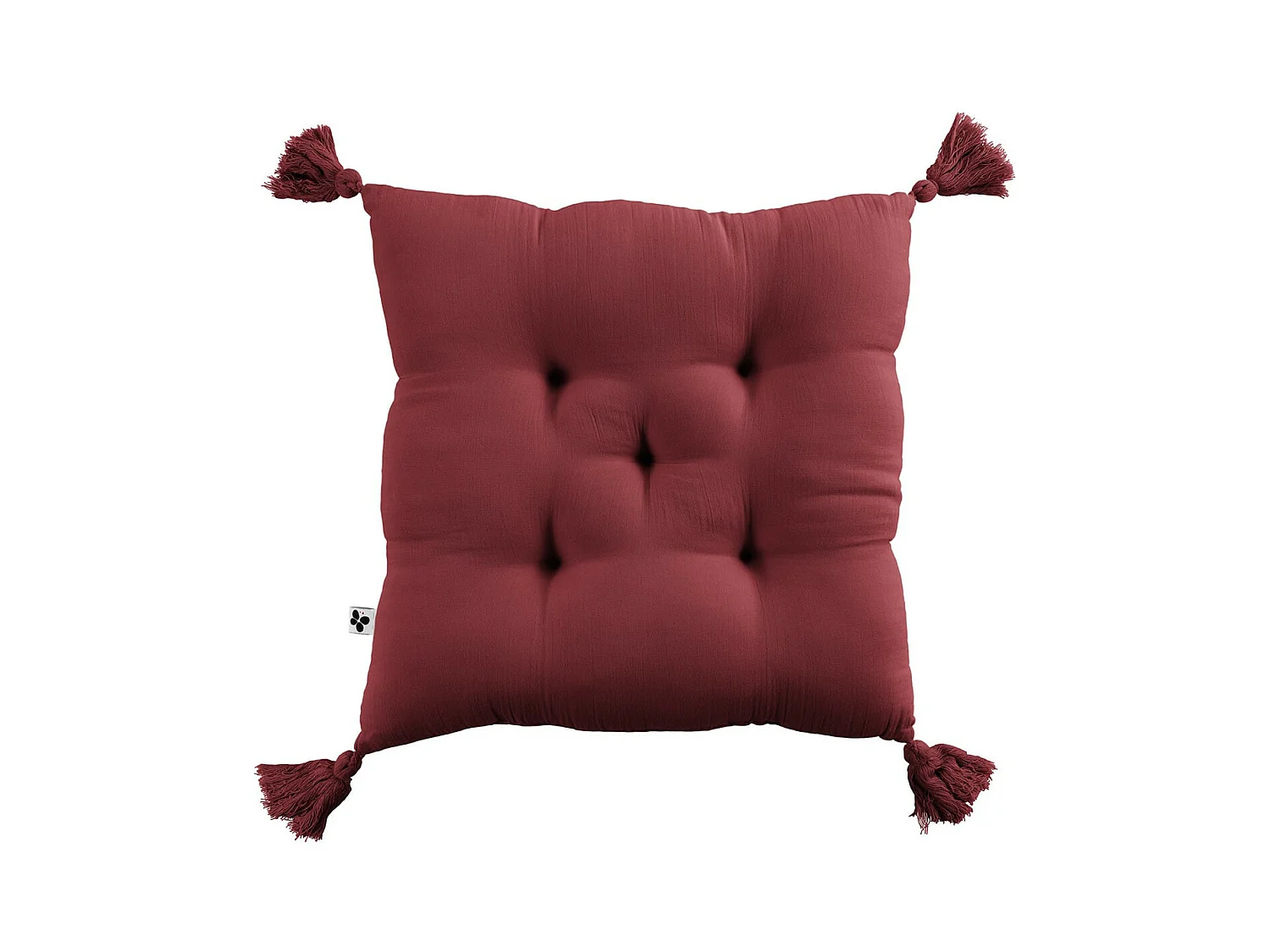 OUREA - Coussin Capitonné 40x40cm avec Pompons Gaze de Coton Lie de Vin