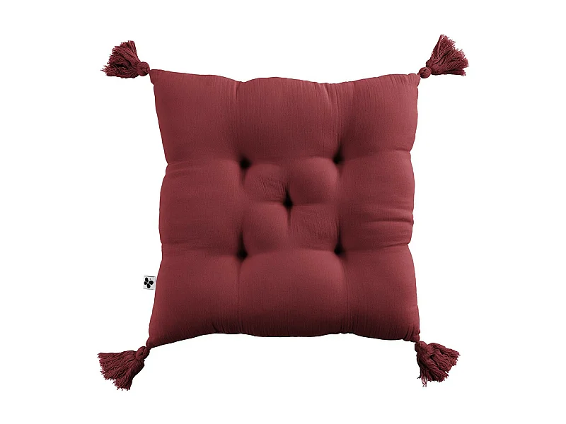 OUREA - Coussin Capitonné 40x40cm avec Pompons Gaze de Coton Lie de Vin