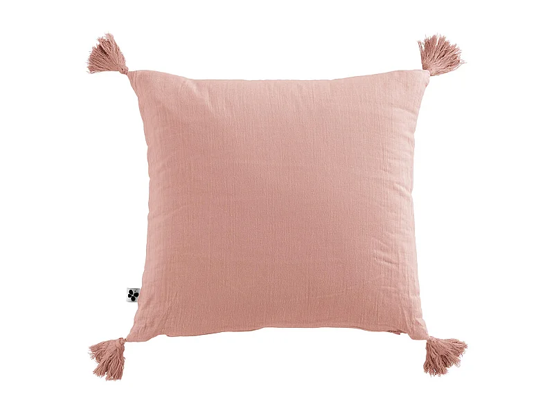 OUREA - Coussin Déhoussable 40x40cm avec Pompons Gaze de Coton Rose Pêche