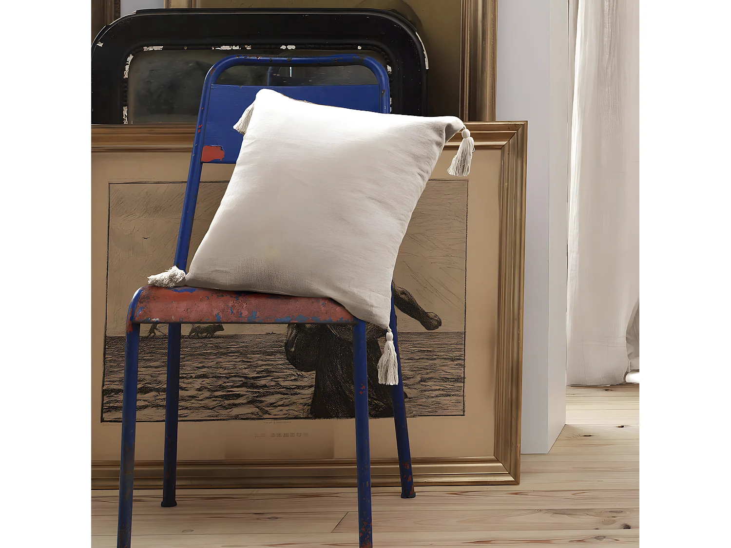 OUREA - Coussin Déhoussable 40x40cm avec Pompons Gaze de Coton Pampa