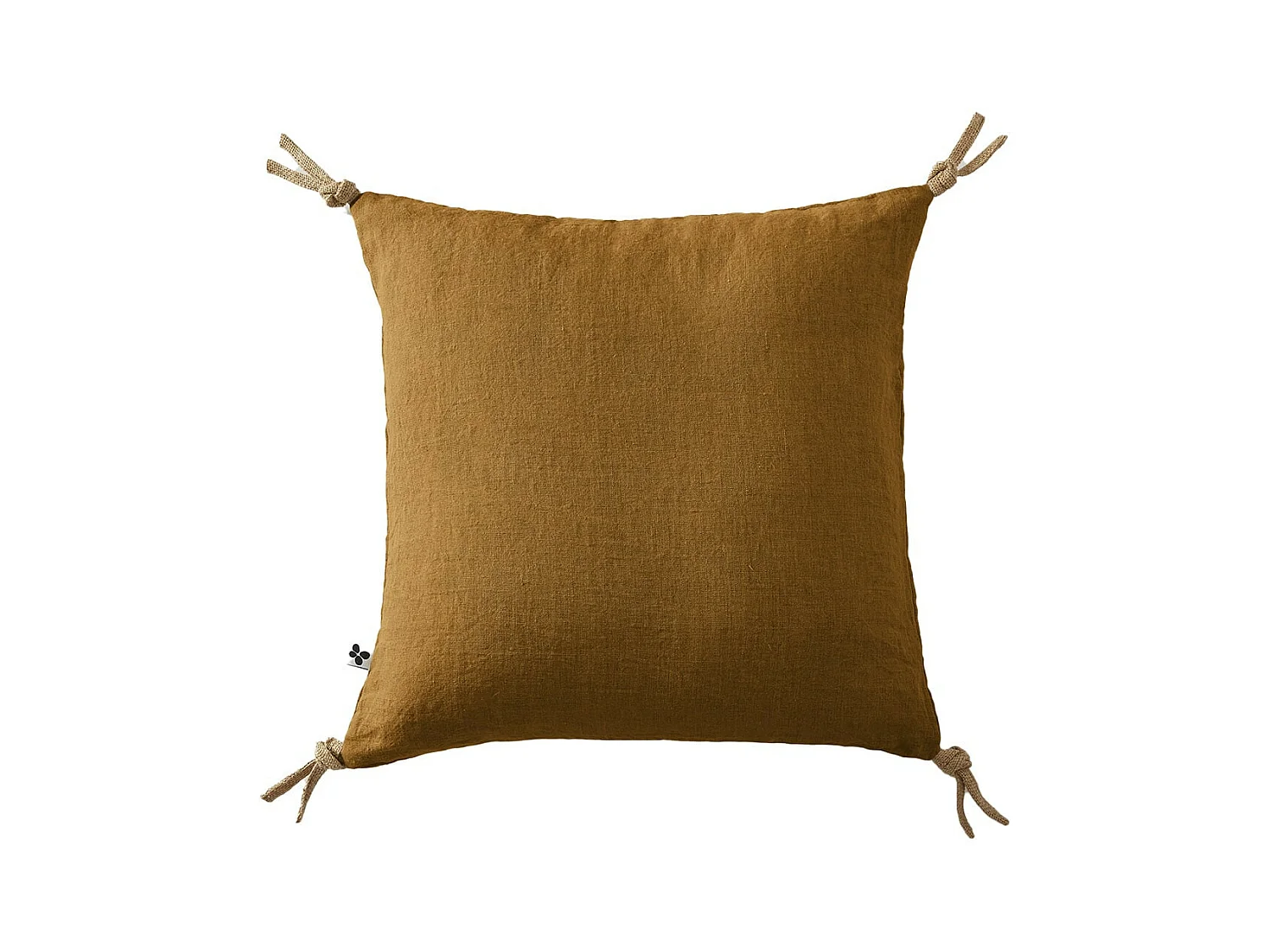 MARGAUX - Coussin Déhoussable 45x45cm avec Pompons Lin Lavé Coloris Caramel