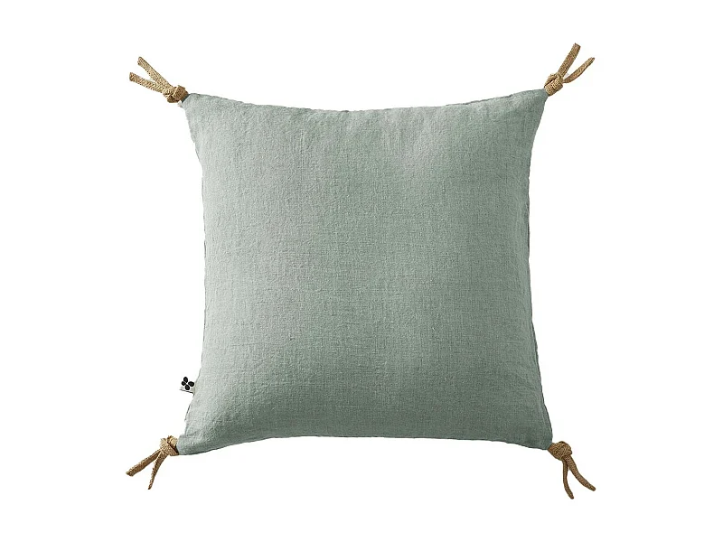 MARGAUX - Coussin Déhoussable 45x45cm avec Pompons Lin Lavé Coloris Eucalyptus
