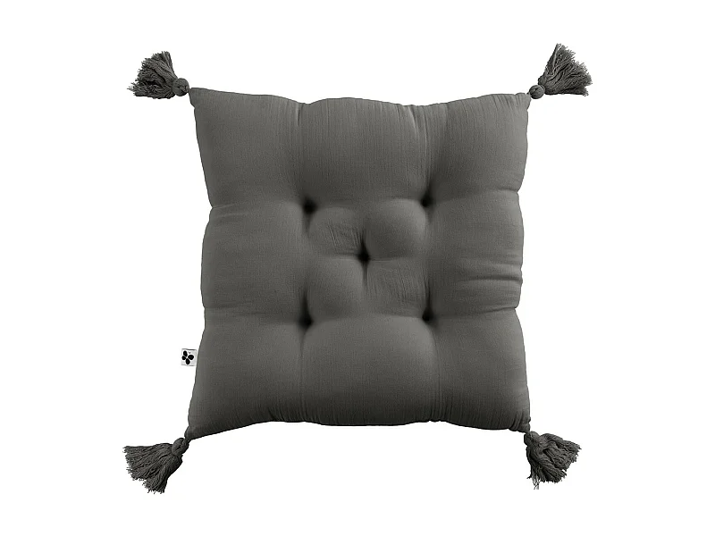 OUREA - Coussin Capitonné 40x40cm avec Pompons Gaze de Coton Granit