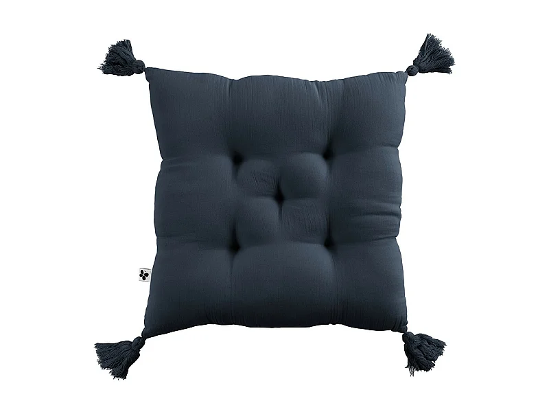 OUREA - Coussin Capitonné 40x40cm avec Pompons Gaze de Coton Minuit