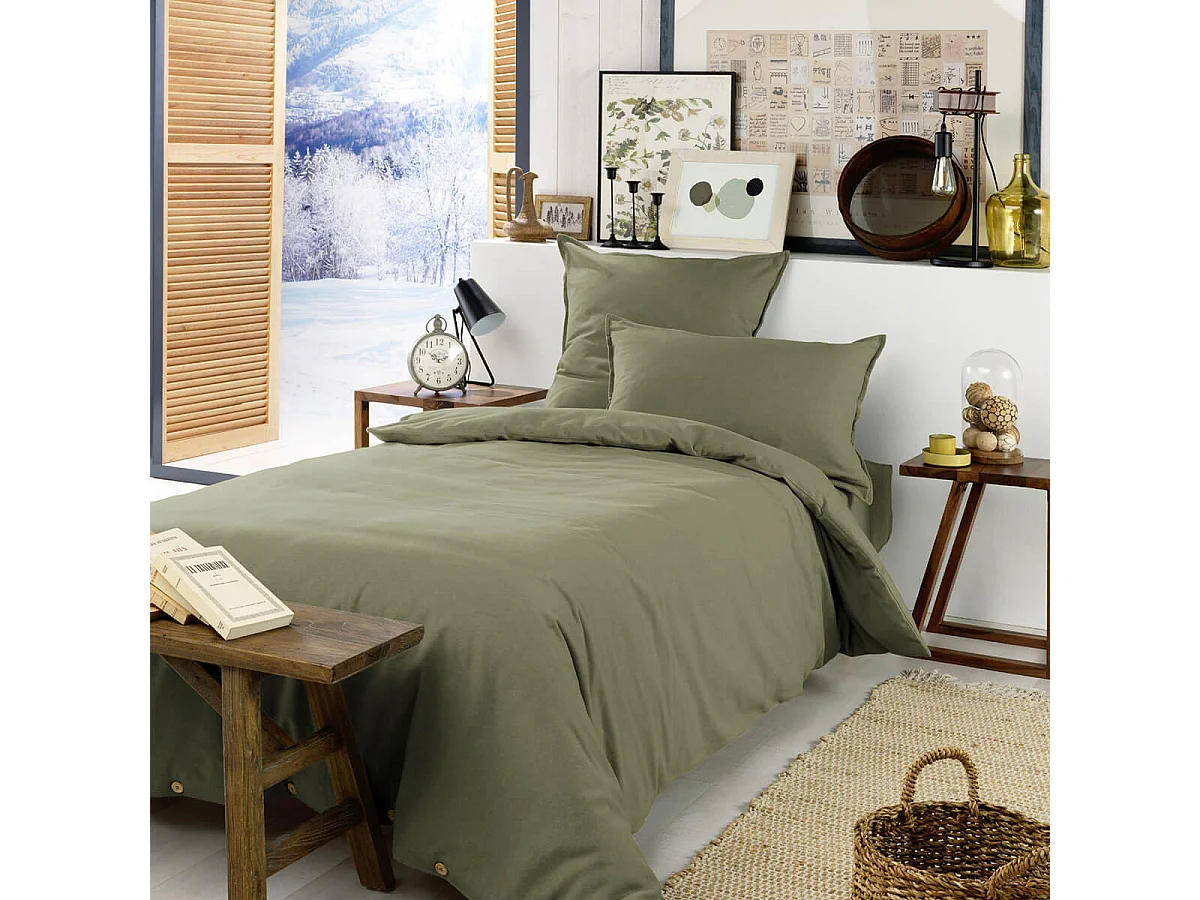 HEDDA - Drap Housse 90x190cm Flanelle de Coton Coloris Romarin