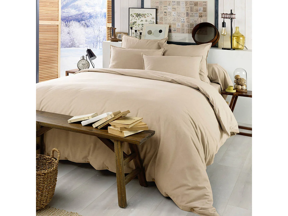 HEDDA - Drap Housse 160x200cm Flanelle de Coton Coloris Sable