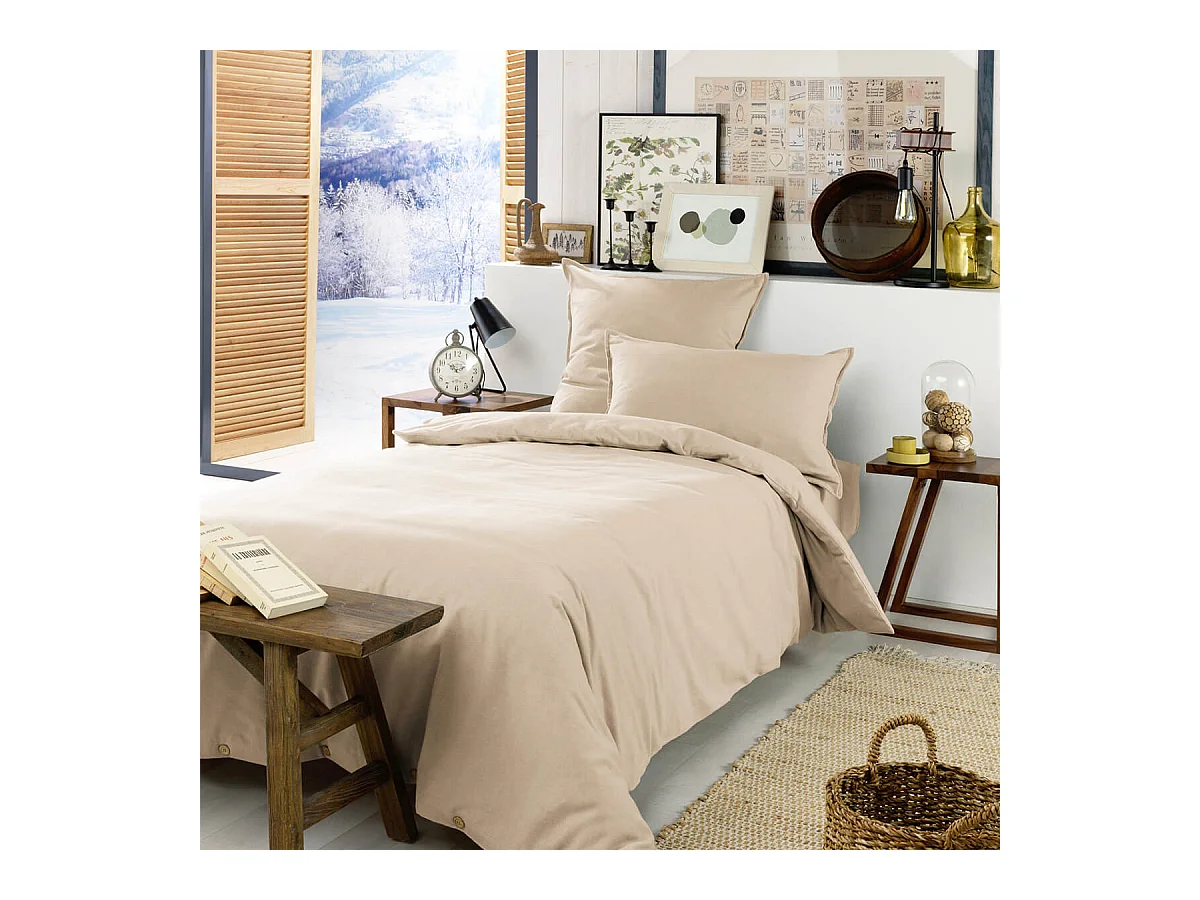 HEDDA - Drap Housse 90x190cm Flanelle de Coton Coloris Sable