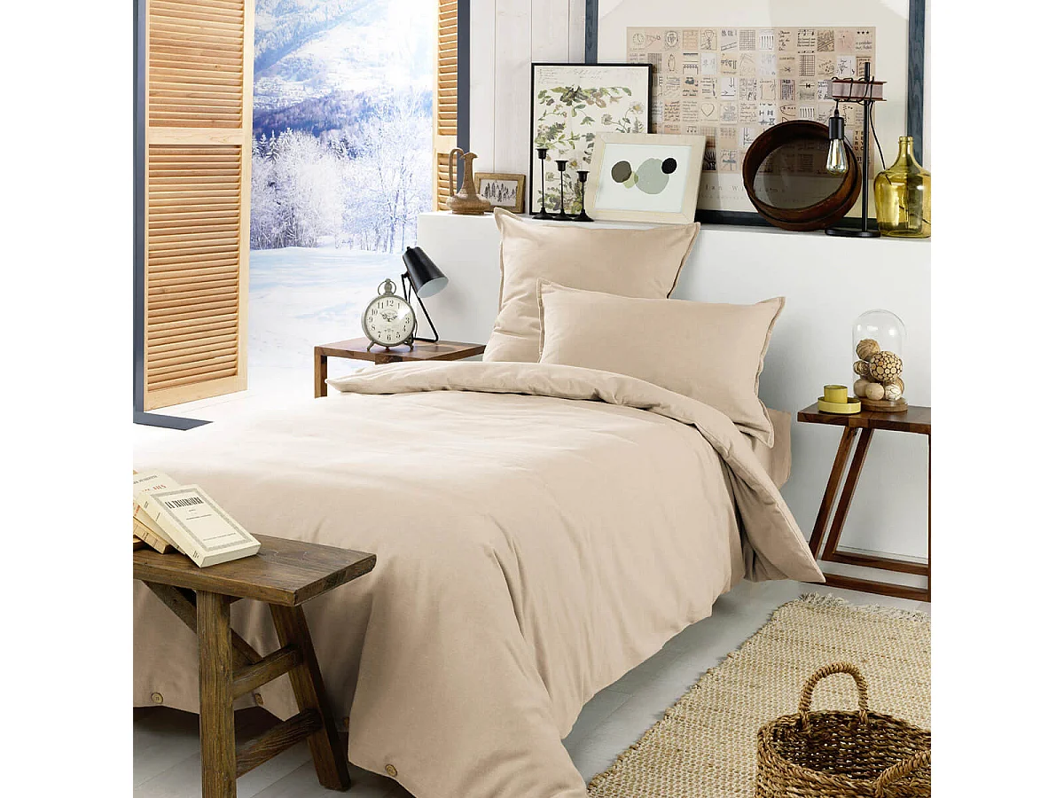 HEDDA - Drap Housse 90x190cm Flanelle de Coton Coloris Sable