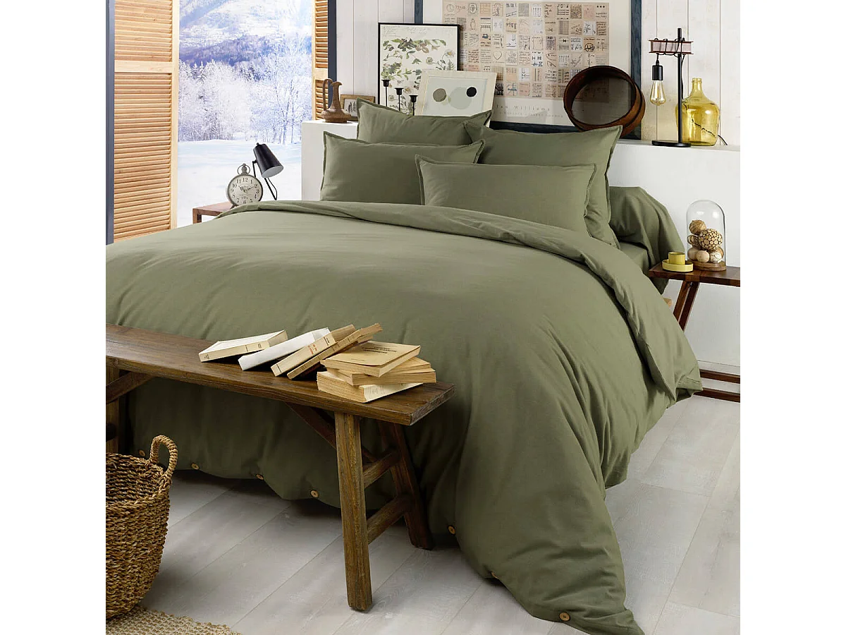 HEDDA - Drap Housse 180x200cm Flanelle de Coton Coloris Romarin