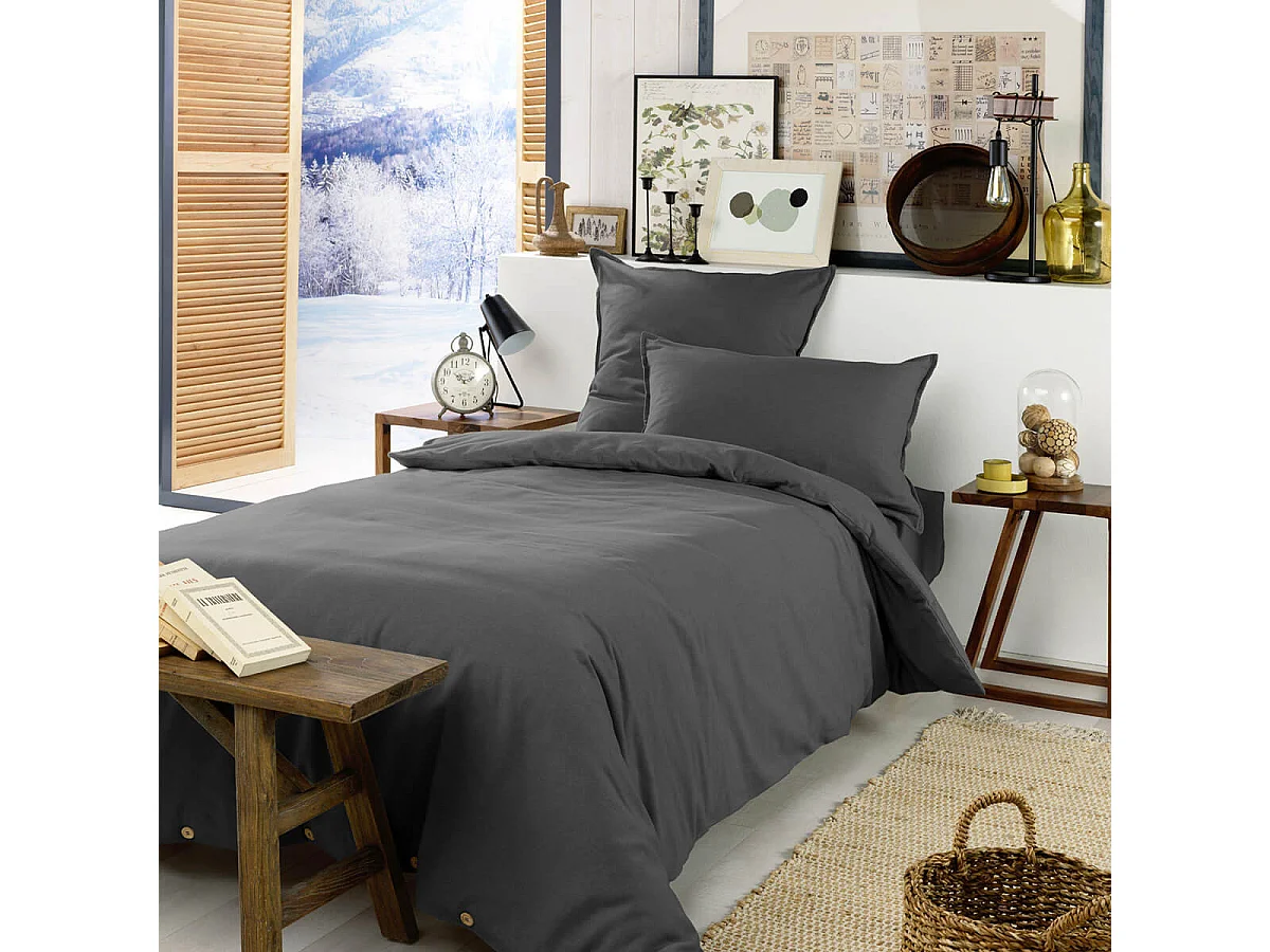 HEDDA - Drap Housse 90x190cm Flanelle de Coton Coloris Orage