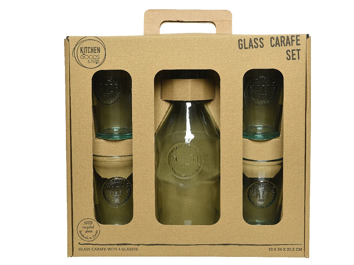 Set aus 5 Wasserkaraffe mit Korkdeckel und 4 klaren Gläsern aus recyceltem Glas