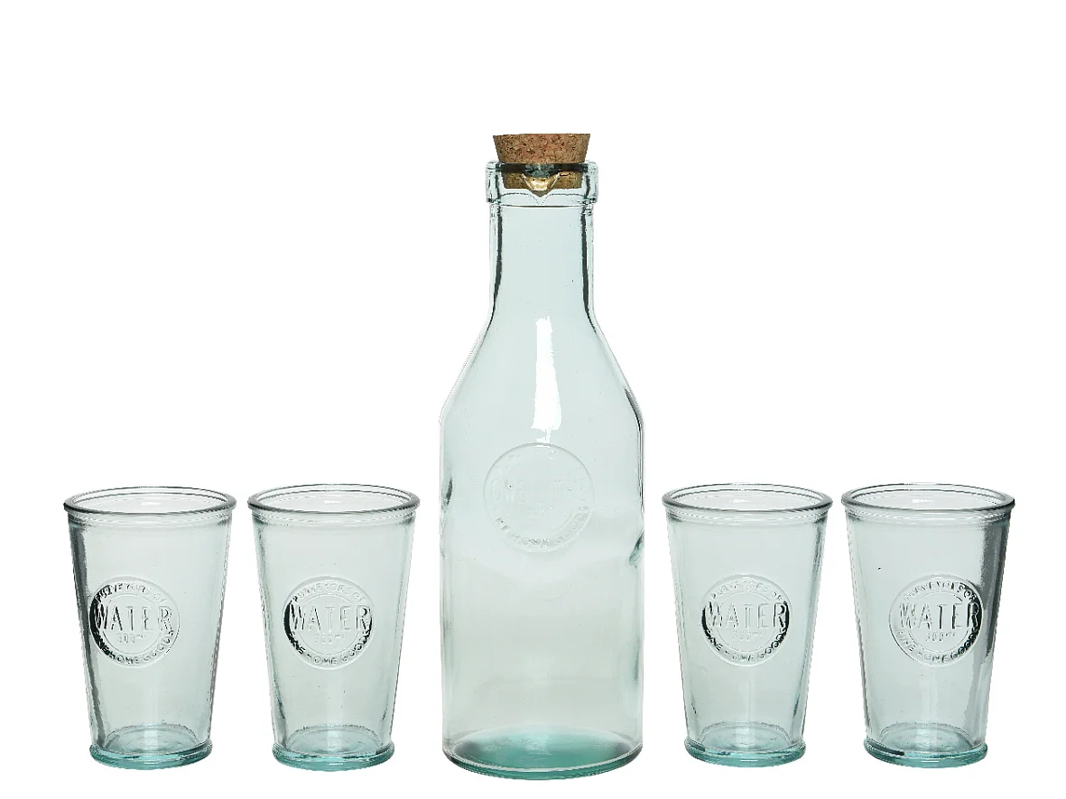 Set de 5 Jarras de agua con tapa de corcho y 4 vasos de vidrio reciclado transparente