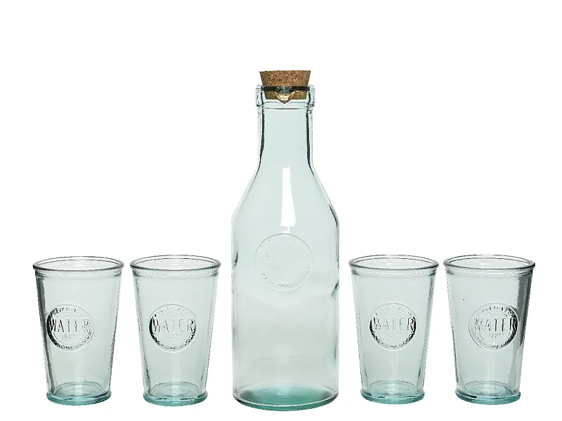 Set aus 5 Wasserkaraffe mit Korkdeckel und 4 klaren Gläsern aus recyceltem Glas